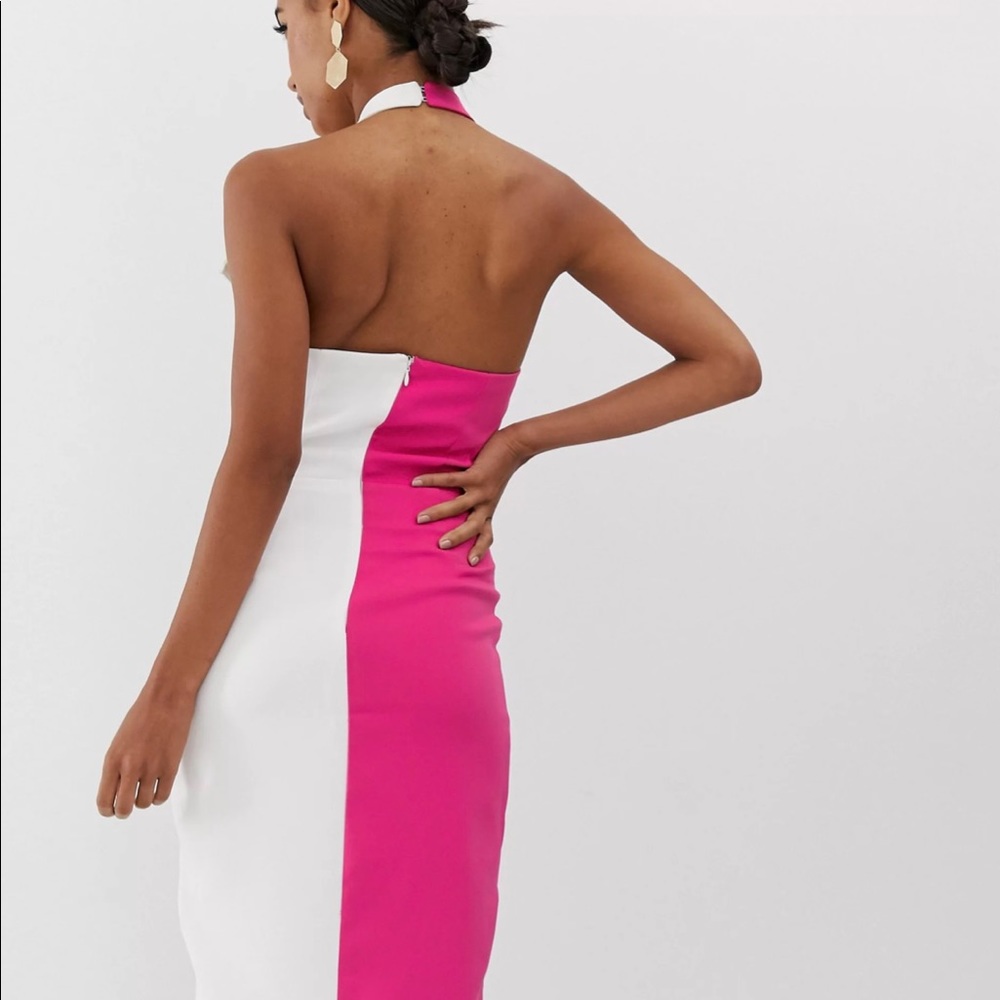 Lavish Alice oversized collar halterneck midi dress in pink and white. NWT!